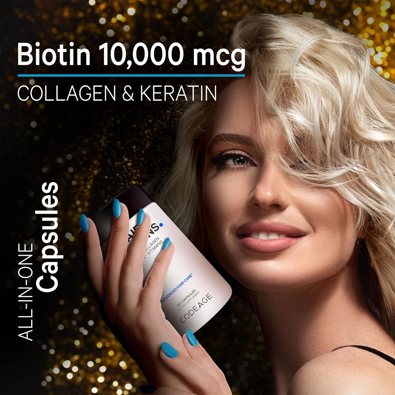 Codeage Hair Vitamins 10000 mcg Biotin, Keratin, Collagen, Vitamin A, B12, C, D3, E, Zinc, 120 Capsules